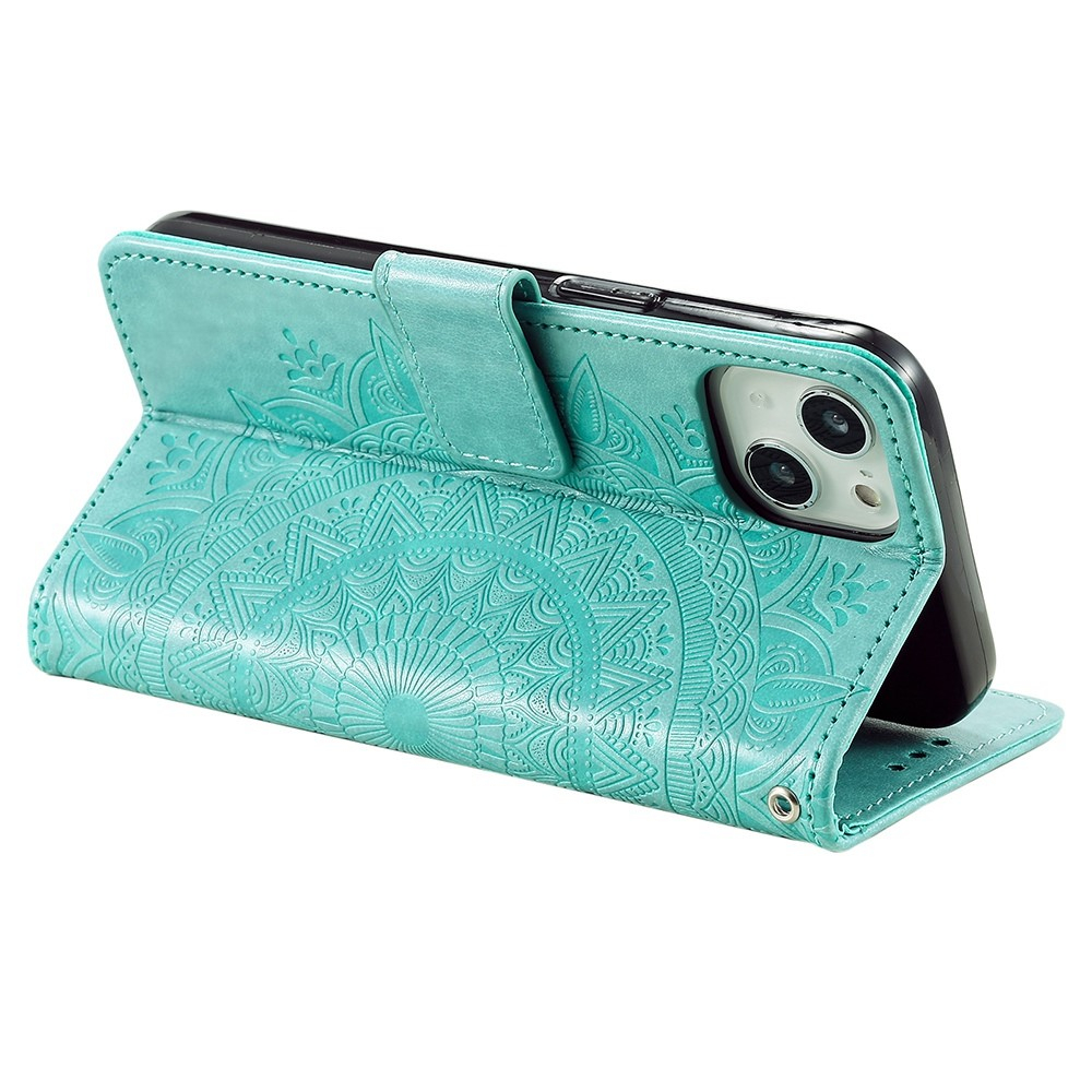 iPhone 14 Leder Tasche Wallet - Mandala Flowers Imprint - Türkis