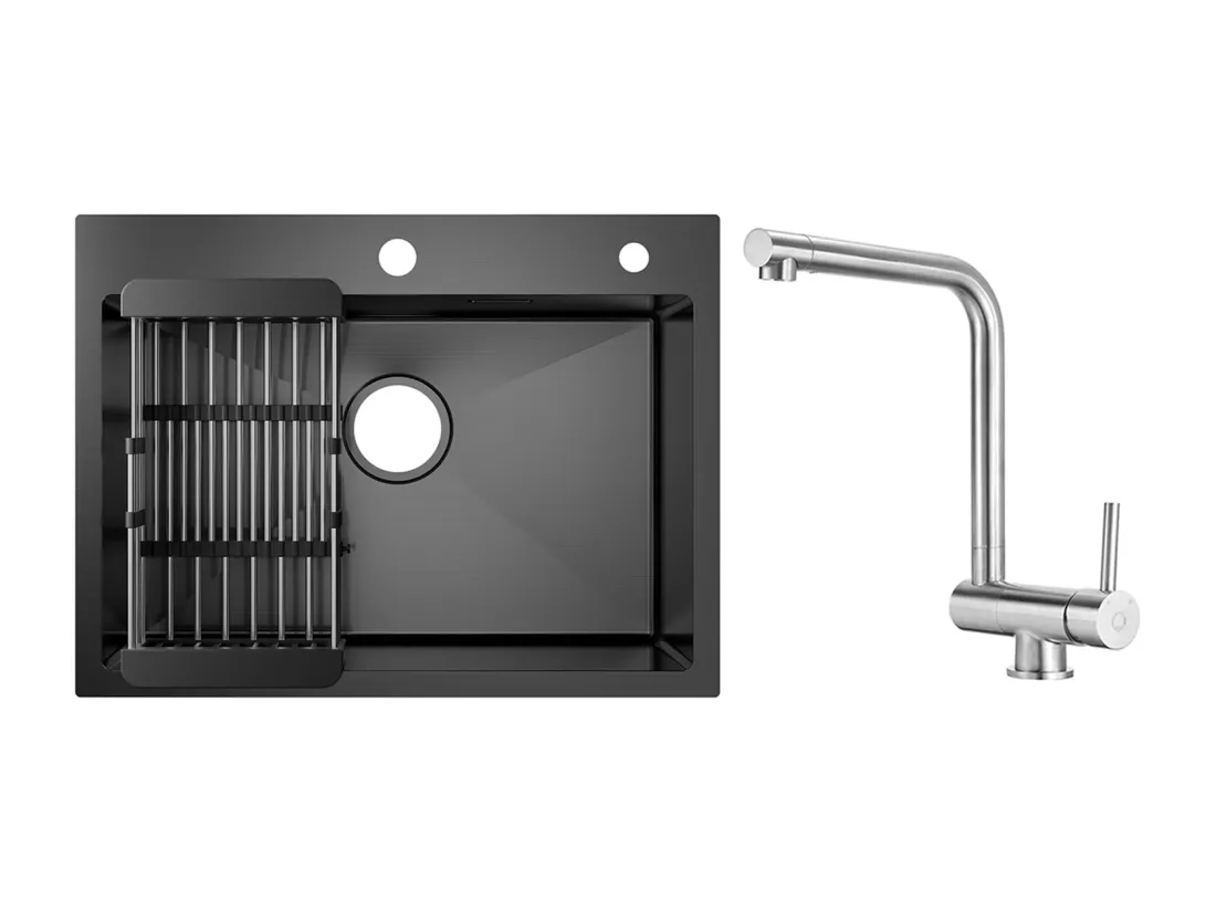 Évier Cuisine 1 Bac 60×45×18CM Évier Inox Noir avec Panier de Drainage + Mitigeur de Cuisine Rabattable Brossé