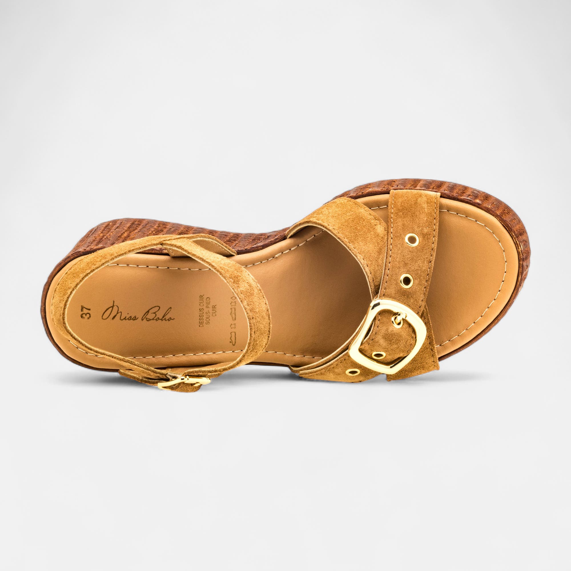 Nu-pieds à talon compensé Femme en cuir camel