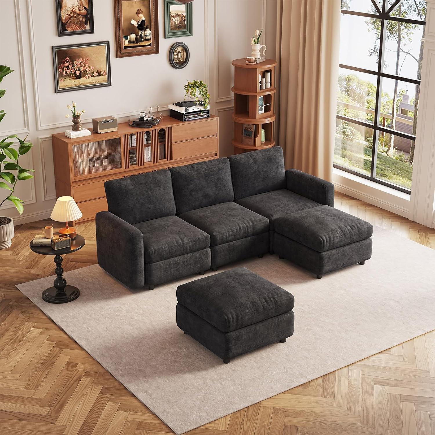 Guyii Modulares Samtsofa mit Stauraumhocker, kombinierbare Couch mit beweglichem Fußhocker, weiches Polstersofa für Wohnzimmer, Verschiedene Module und Sitzplätze (5-Sitzer (3-Sitzer + 2 Hocker))