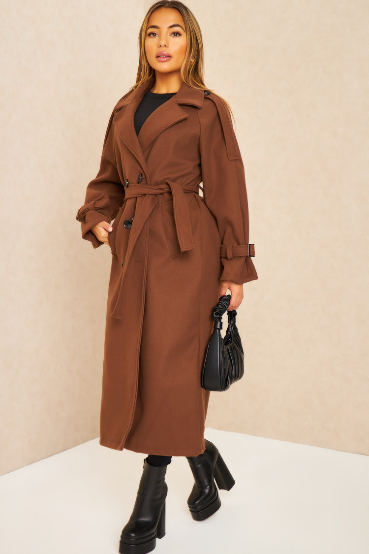 Manteau long duveteux style trench marron