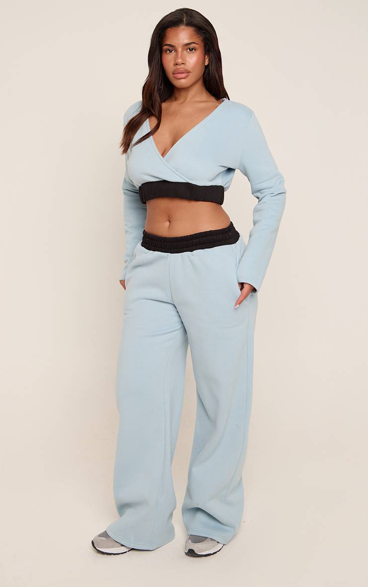 Bleu Sweat-shirt Court À Manches Longues Avec Taille Contrastée Shape