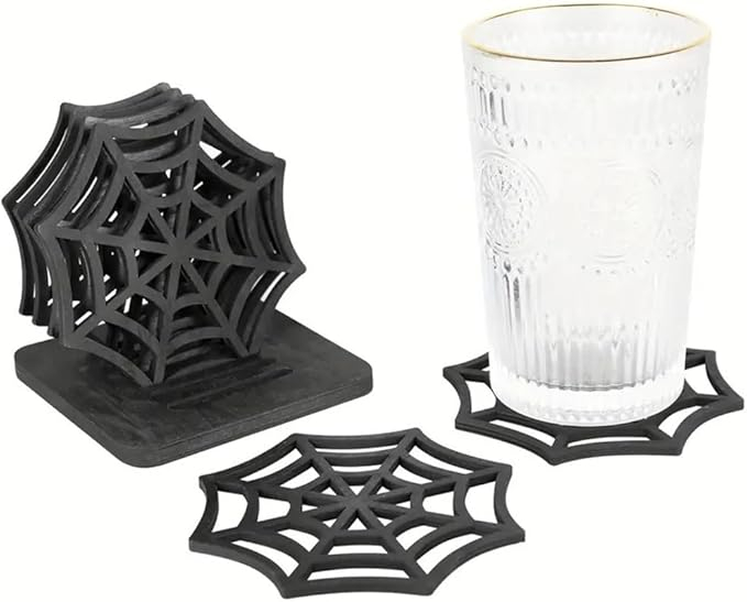 (6er Set) Ø10.5cm Holz Halloween Getränke Untersetzer Spinnennetz Party Tisch Deko Glasuntersetzer inkl. Halterung - Schwarz