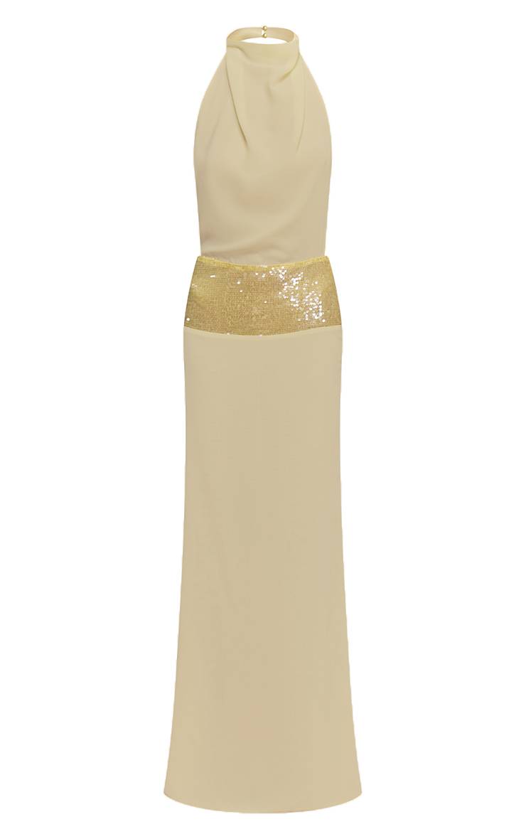 Citron Robe Longue En Mousseline À Col Montant Drapé Avec Panneau À Sequins