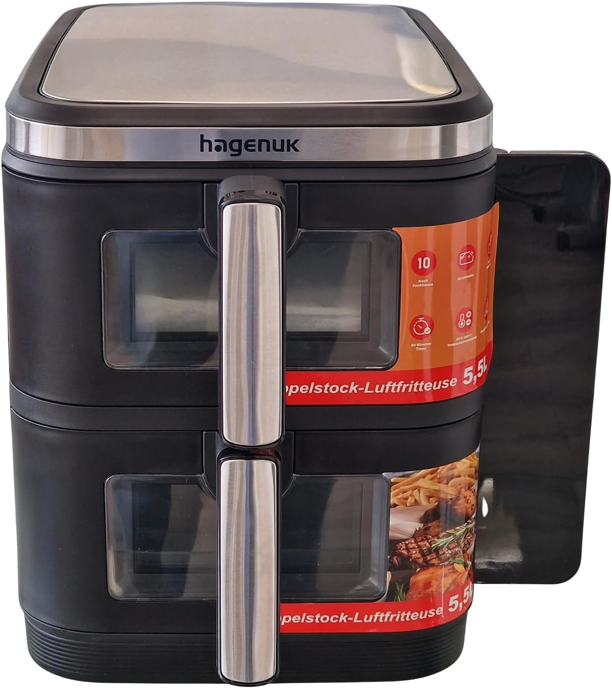 Premium Doppel-Heißluftfritteuse 2×5,5L mit Sichtfenster, 10 Programmen, Grill-Einsatz, Touchdisplay, Sync-Match-Funktion, 2800W, Modell DAF 2800.12 Designed in Germany