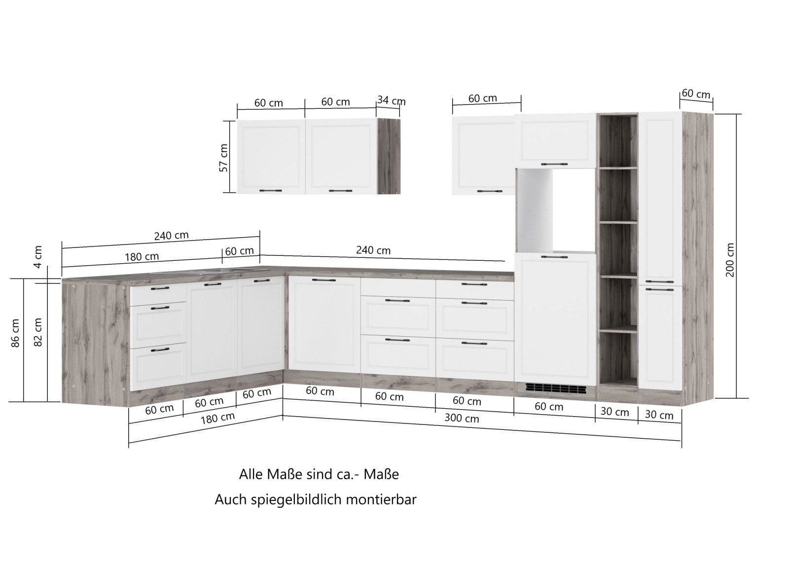 Winkelküche MERAN - grau - Wotaneiche - mit E-Geräten - Glaskeramikkochfeld - 240x360 cm