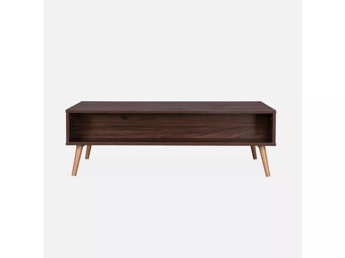 Table basse en cannage 110x59x39cm - Bohème - couleur bois foncé. 1 tiroir. 1 espace de rangement. pieds scandinaves