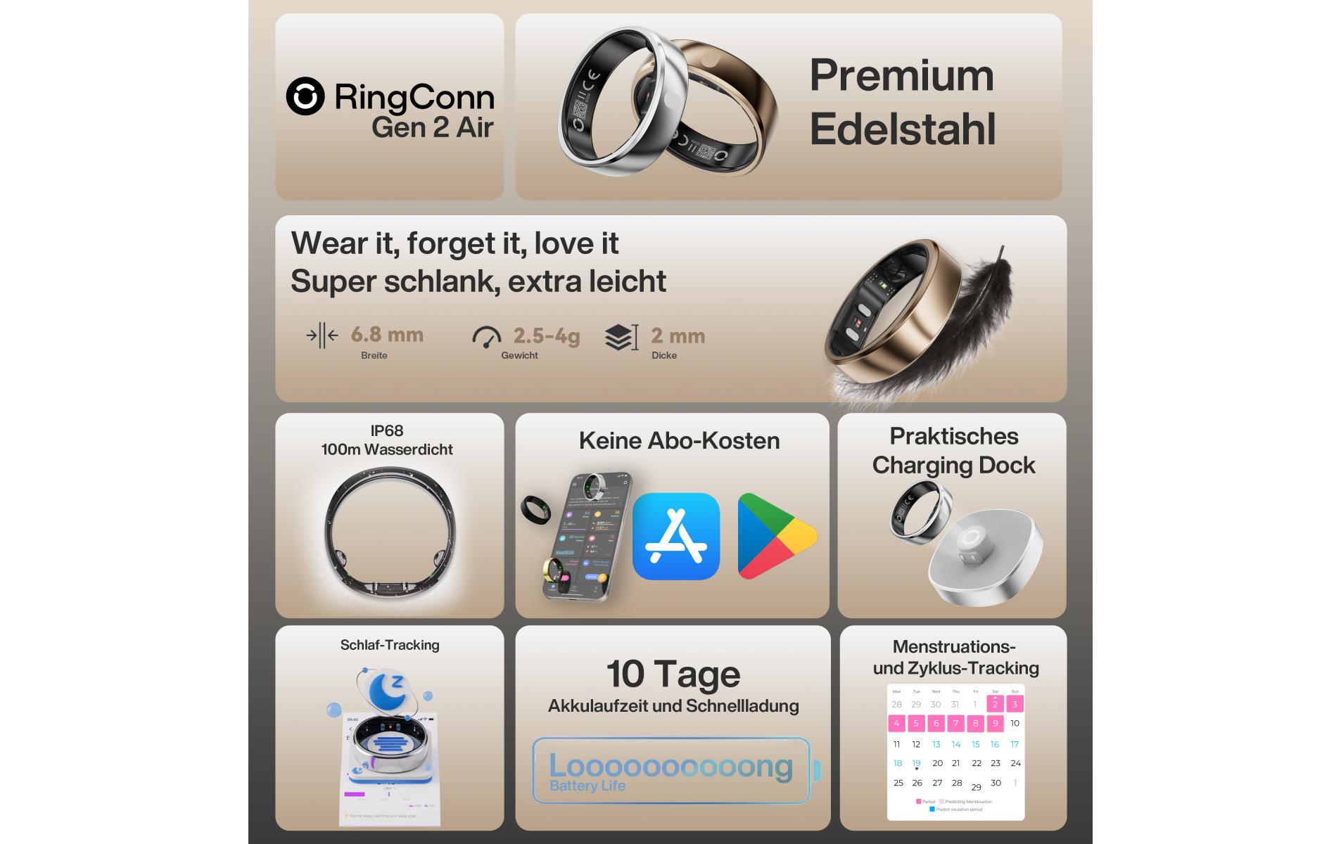 Smart Ring Gen 2 Air Grösse 9 Silber<br>Ultradünner Smart Ring mit Gesundheitsüberwachung