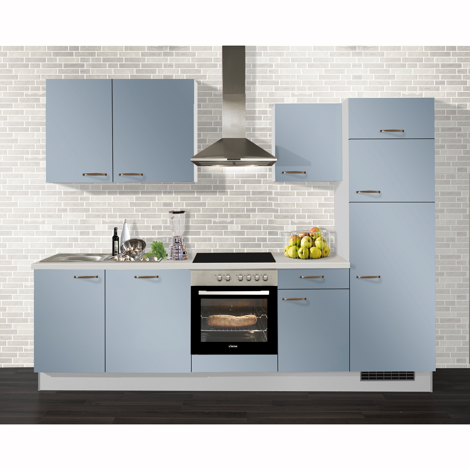 pino Küchenblock PN105 - Pastellblau-Lichtgrau - mit E-Geräten - Kühlschrank rechts - 280 cm