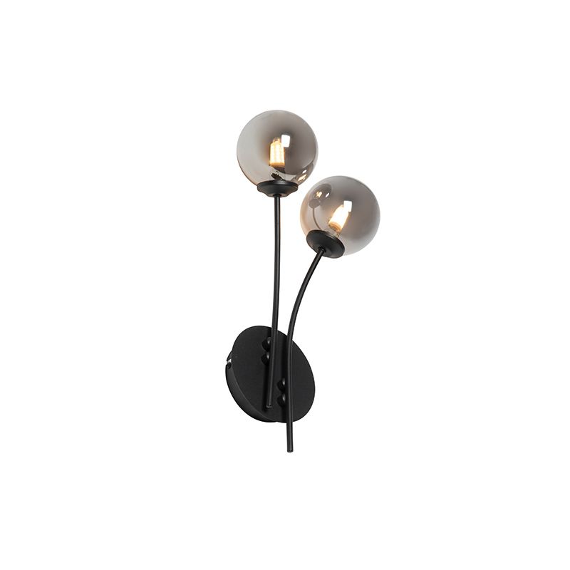 Moderne wandlamp zwart 2-lichts met smoke glas - Athens
