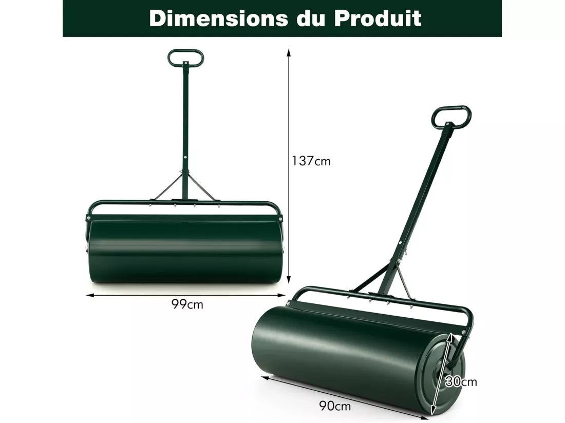 Rouleau à Gazon de Jardin en Métal avec Poignée de Préhension Détachable, Rouleau de Pelouse Rempli d'eau/Sable 63L- Ø 30 CM, Idéal pour Obtenir Pelouse Uniforme (Vert)