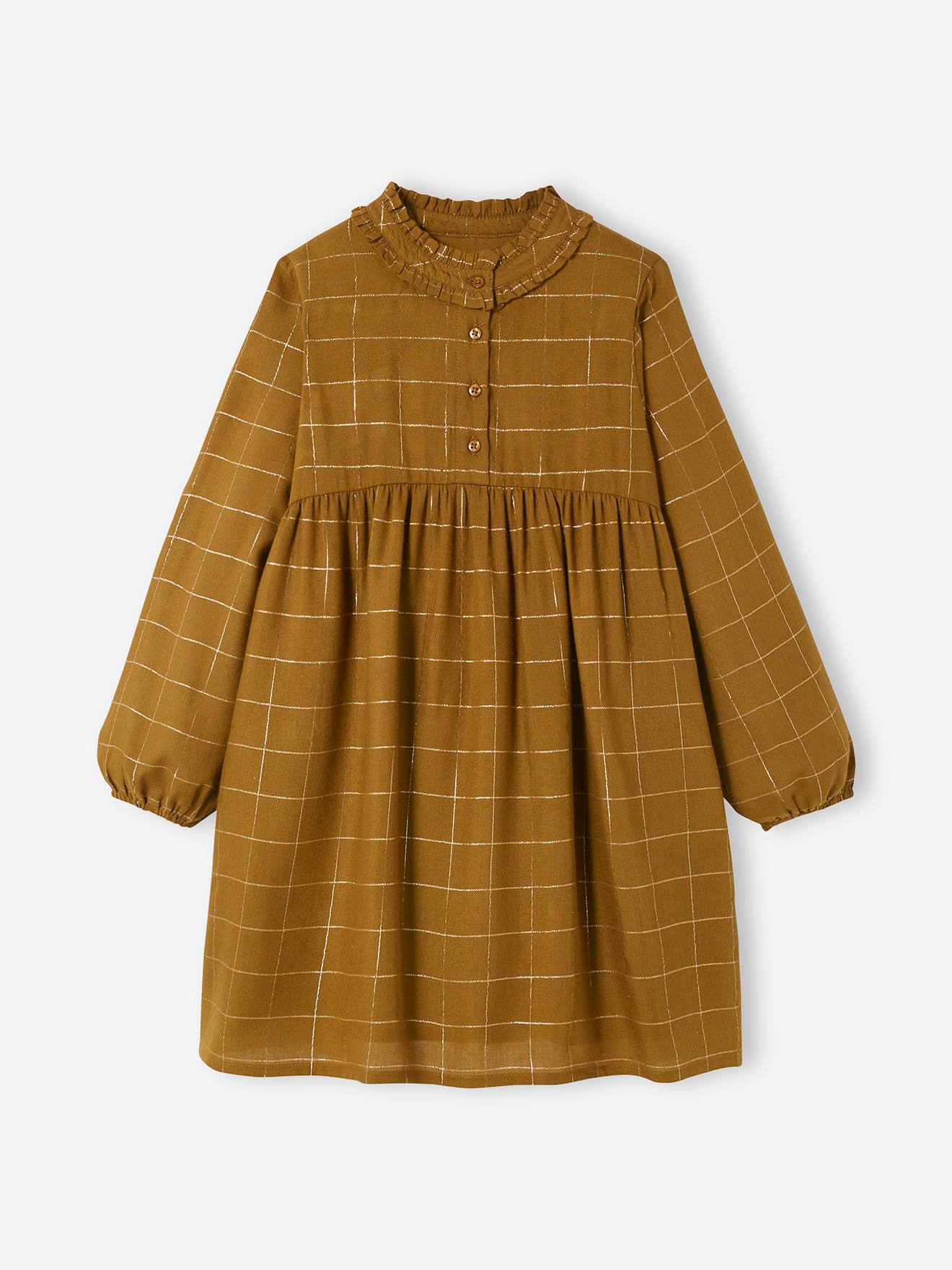 Vestido xadrez em fio brilhante, vestido xadrez verde escuro para menina