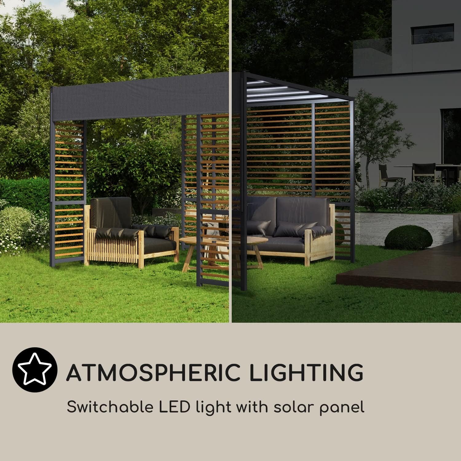 Blumfeldt Valence Pergola, Pavillons Wasserdicht, Stabil & Winterfest, Windichte Pergola Freistehend, Terrassenüberdachung Gazebo, Metall-Pavillon mit 1,5W Solar-LEDs, UV50+, Pergola 3x3 m