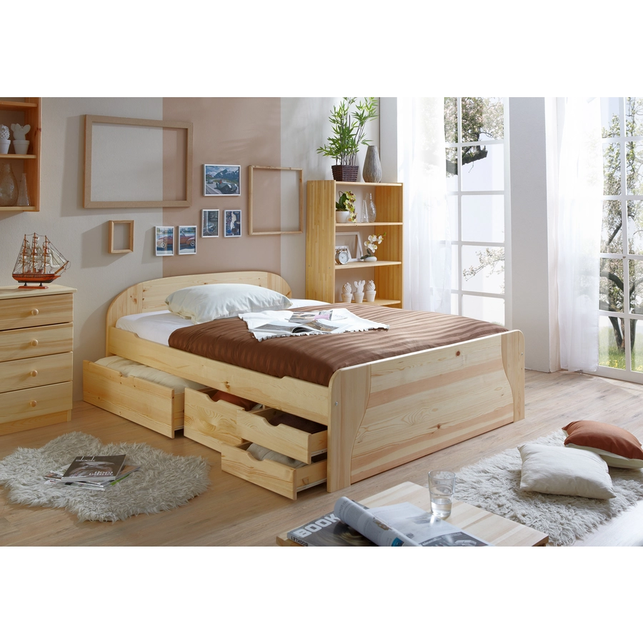 TICAA Doppelbett mit Schubkästen Erna Kiefer Natur Natur