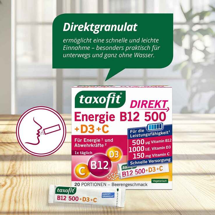 Taxofit Energie B12 500 + D3 + C Direkt Granulat, 20 St