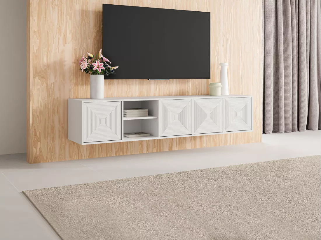 Meuble TV suspendu ou à poser avec 4 portes et 2 niches en MDF - Blanc - MEZULIA