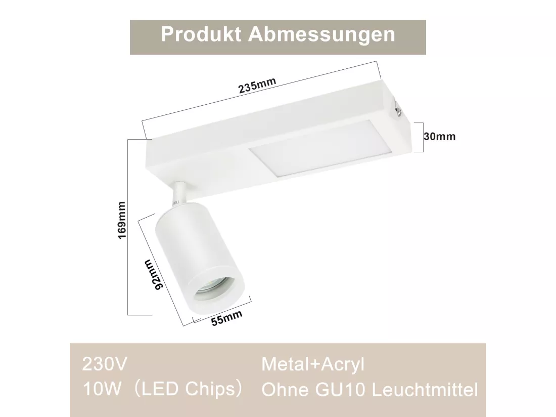 NETTLIFE Spot de plafond 1 ampoule GU10 chambre 3000k 20W lampe de cuisine noire blanc chaud orientable pour chambre cuisine bureau