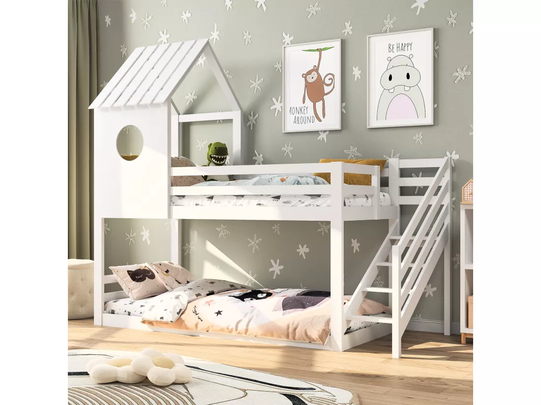 Lit cabane 90x200cm, Lit superposé avec Garde-Corps, Forme Toit, Lit en Bois Massif avec sommiers à Latte pour 2 Personnes, Blanc