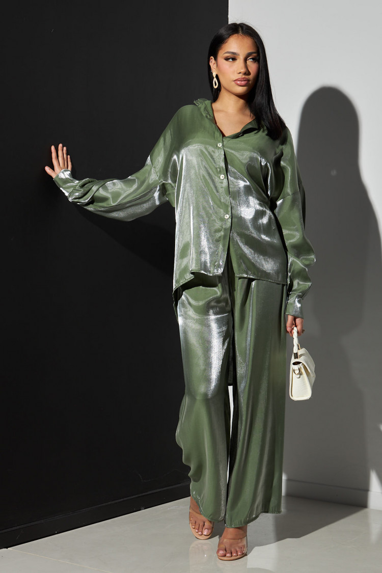 Ensemble 2 pièces chemise + pantalon satiné vert