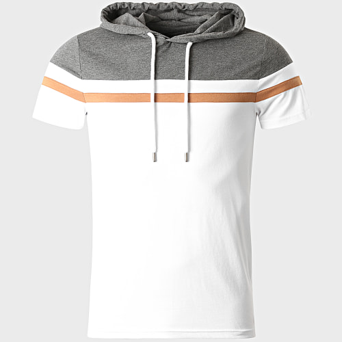 Tee Shirt Capuche Tricolore 1114 Gris Anthracite Blanc Camel