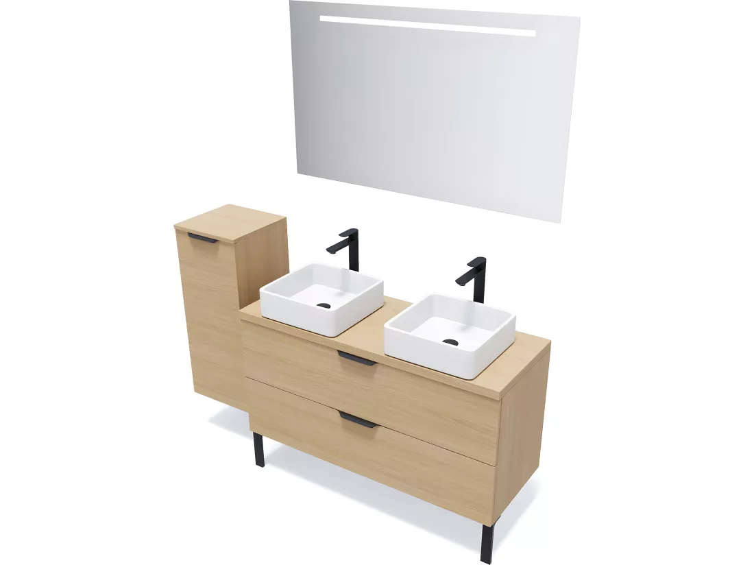 Meuble de salle de bain suspendu 2 vasques à poser 120cm 2 tiroirs Chêne clair - Venice