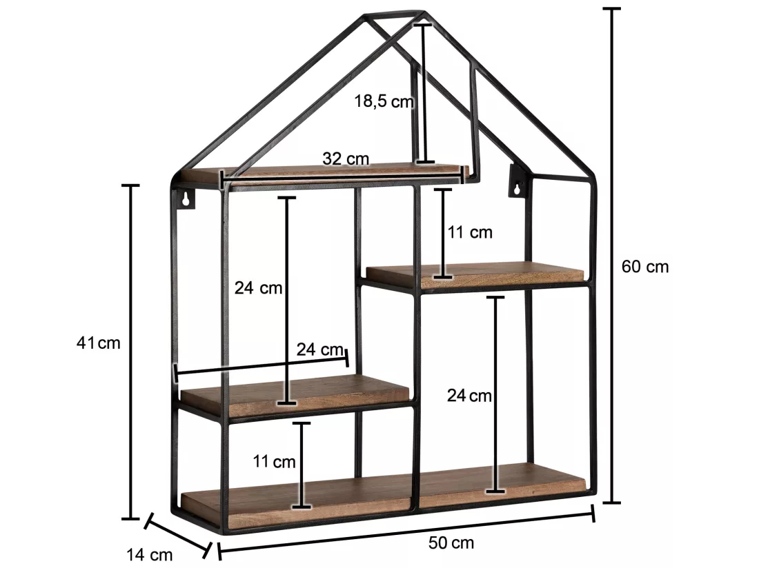 Étagère Murale Bois Massif Forme Maison 50x60x14 cm Étagère Suspendue