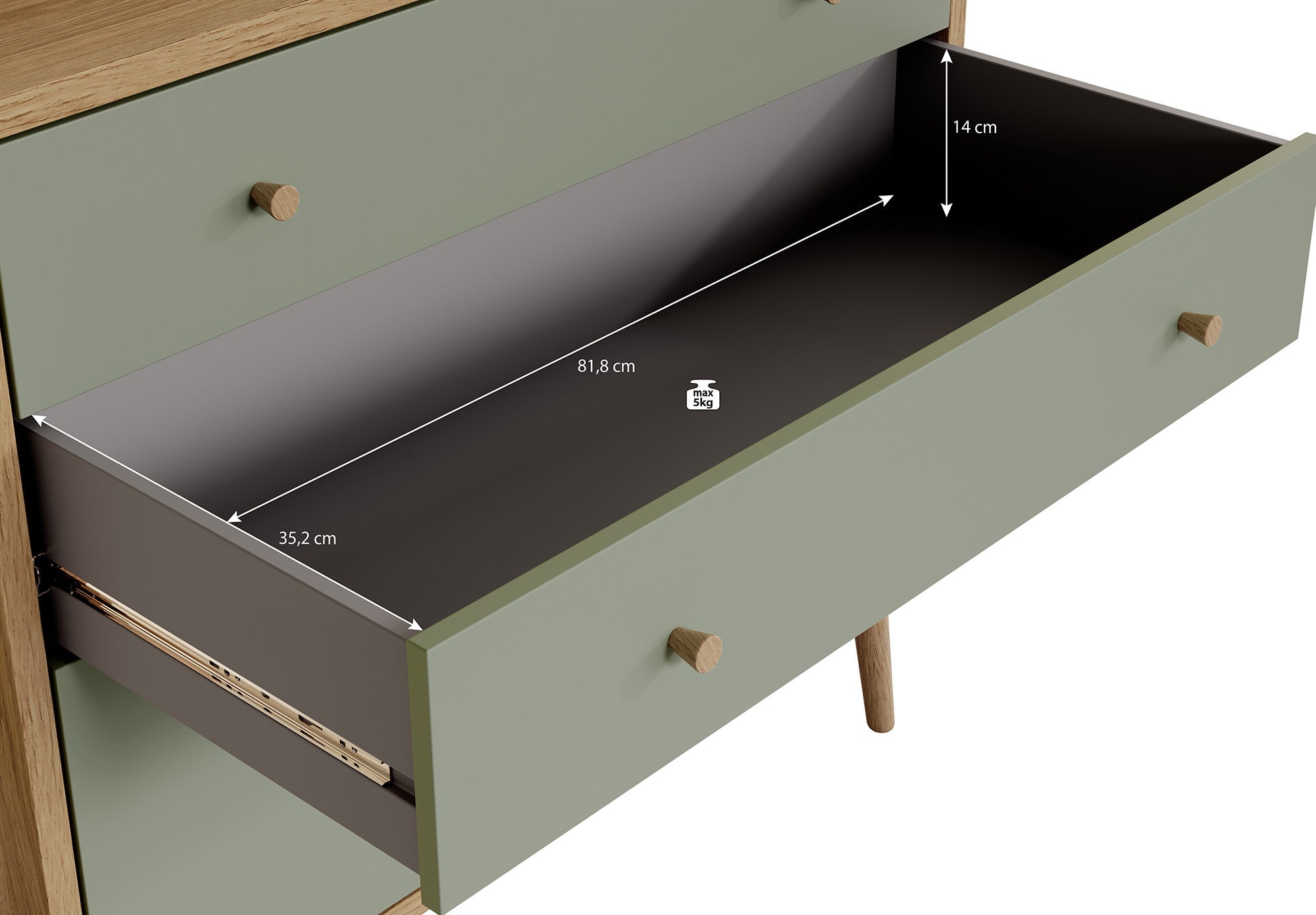 Meubella - Ladekast Wally - Licht eiken - Groen - 90 cm