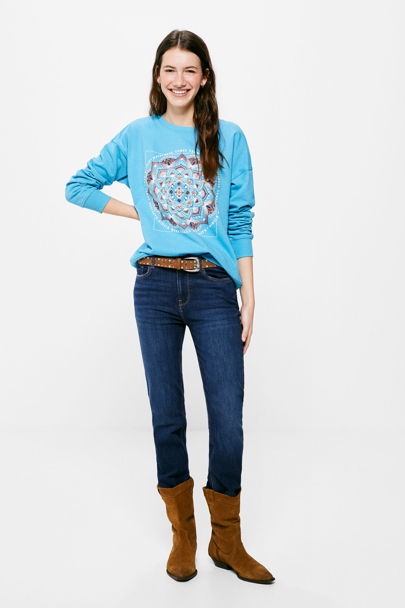 Moletom com estampa de mandala e flor - Azul
