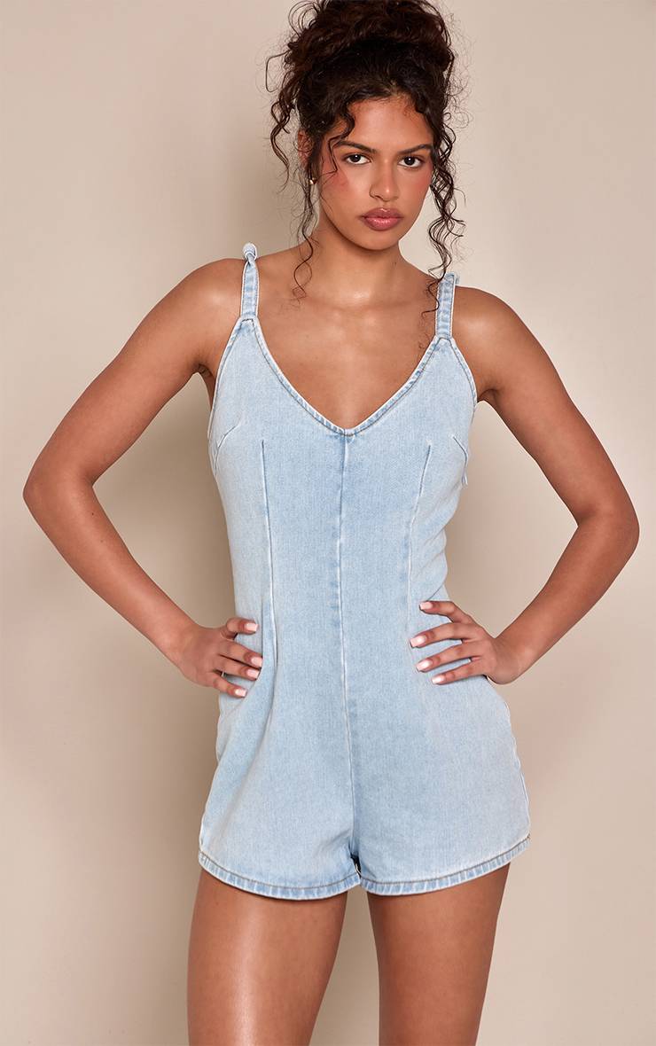 Bleu Clair Combinaison-short En Denim À Bretelles Nouées
