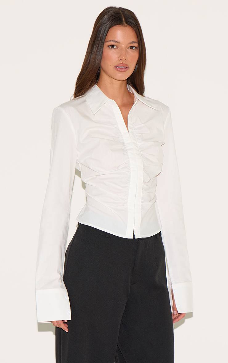 Blanc Chemise Cintrée Froncée À Agrafes Et Œillets