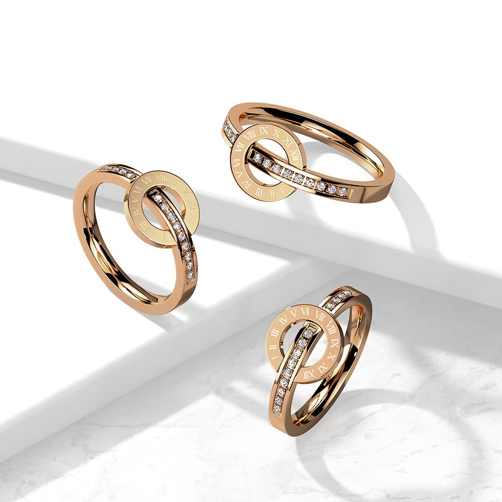 (Gr. 54) 316L Edelstahl Fingerring mit Strasssteinen und Ziffernblatt - Roségold