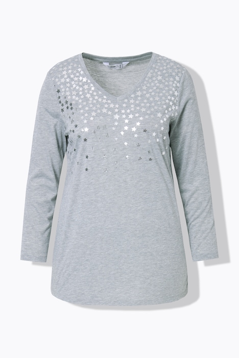 T-Shirt, A-Linie, silberner Sternendruck, Langarm
