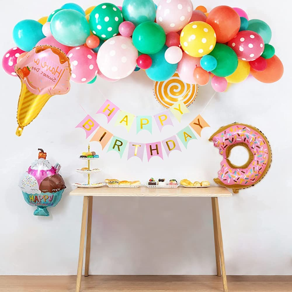 (90-tlg. Set) Happy Birthday Girlande Süssigkeiten Party Deko   Latex- und Folienballons / Kuchenstecker / Haut Sticker - Rosa / Grün
