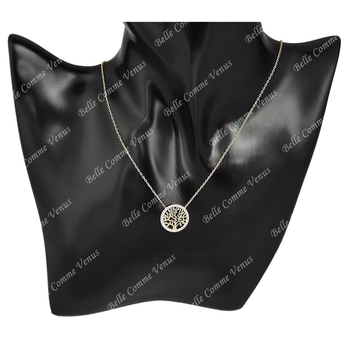 Collier arbre de vie cercle serti d'oxyde de zirconium Plaqué OR 750 3 microns 2 tons