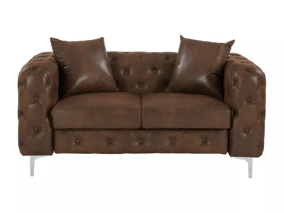 Canapé 2 places chesterfield en microfibre aspect cuir vieilli marron EDWINA