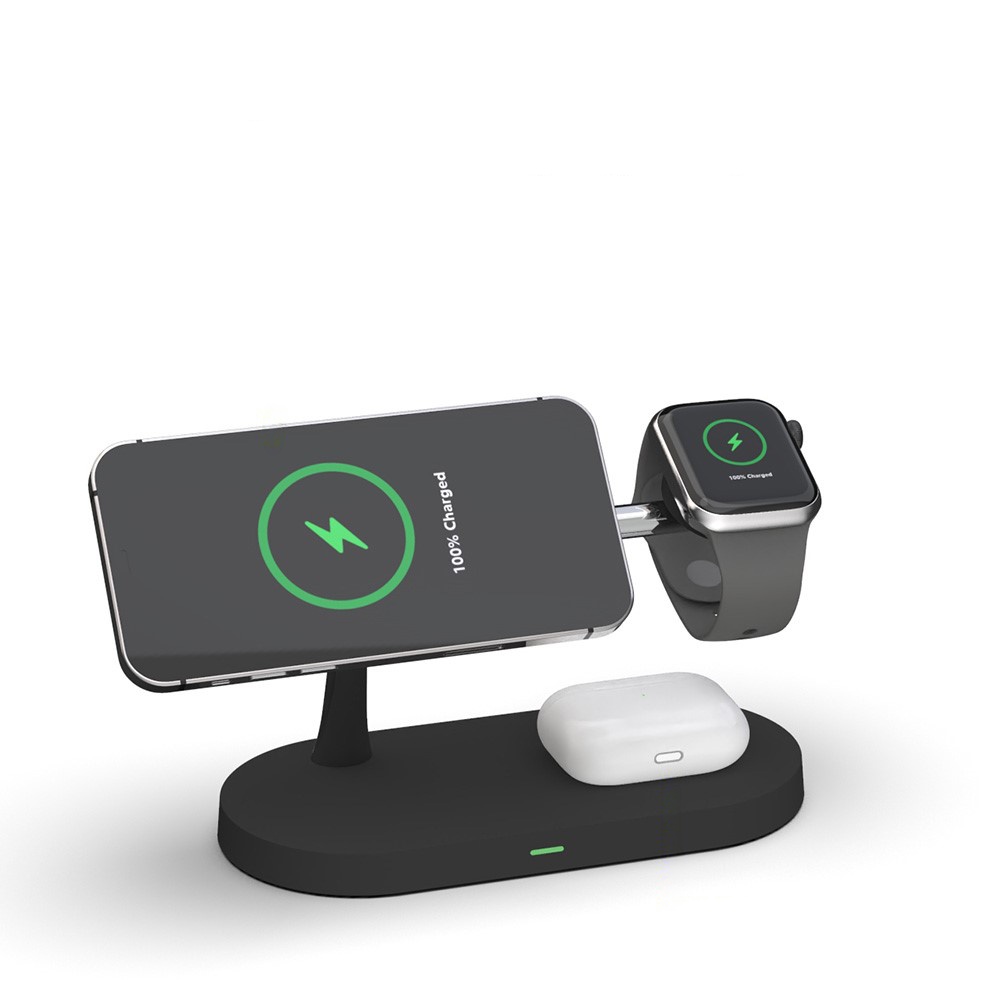 (15W) 5in1 Magnetischer Qi Wireless Charger für Apple Watch / Smartphone / AirPods Dockingstation mit LED Nachtlicht - Schwarz