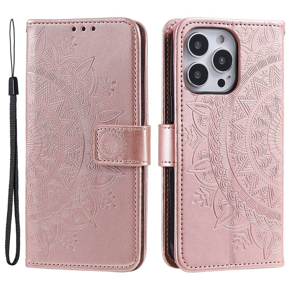 iPhone 14 Pro Max Leder Tasche Wallet - Mandala Flowers Imprint - Roségold