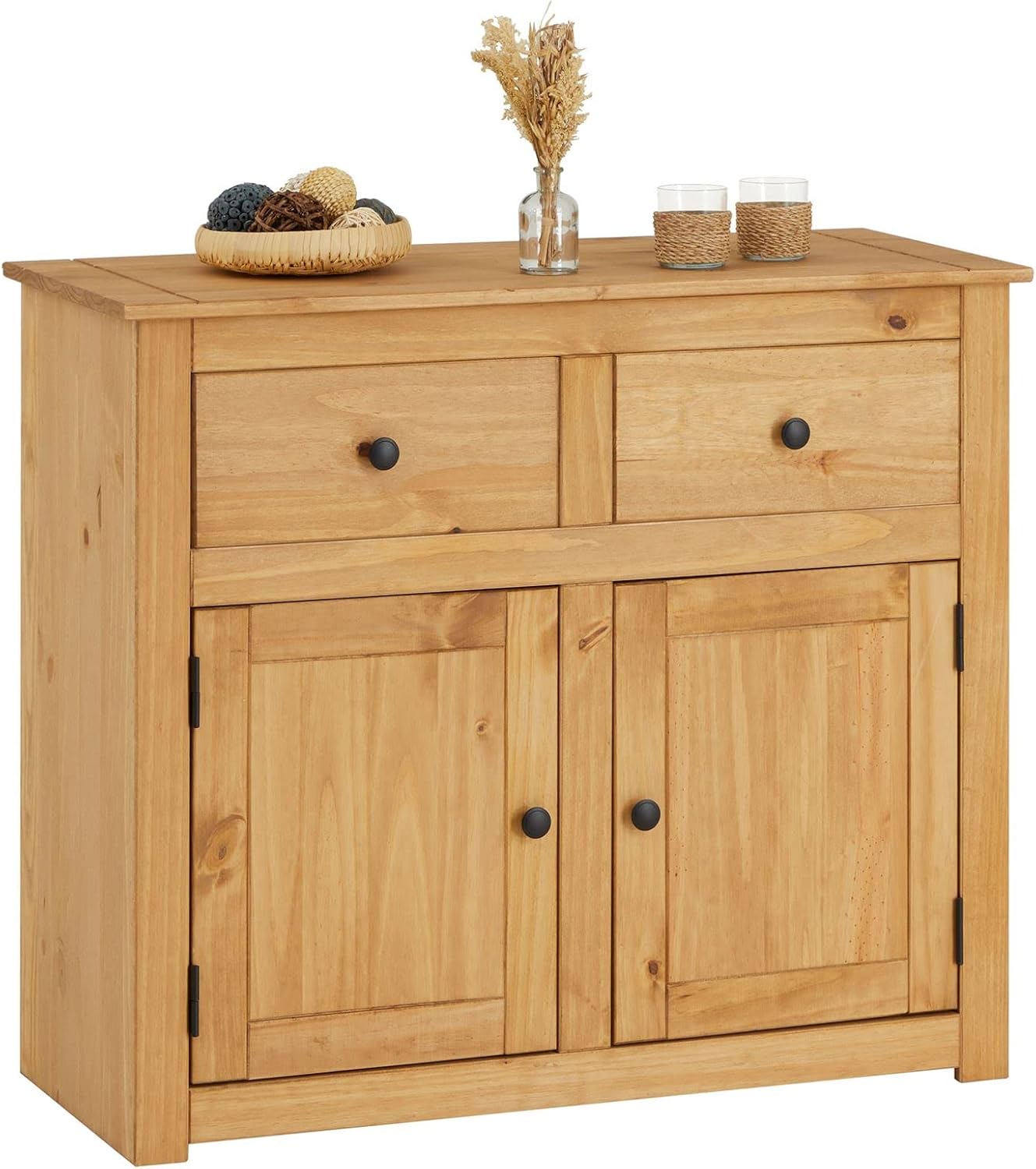 CARO-Möbel Kommode Cancun im Landhaus Stil aus Kiefer massiv, Moderne Anrichte mit 2 Schubladen und Türen, Sideboard mit gebeizter gewachster Oberfläche