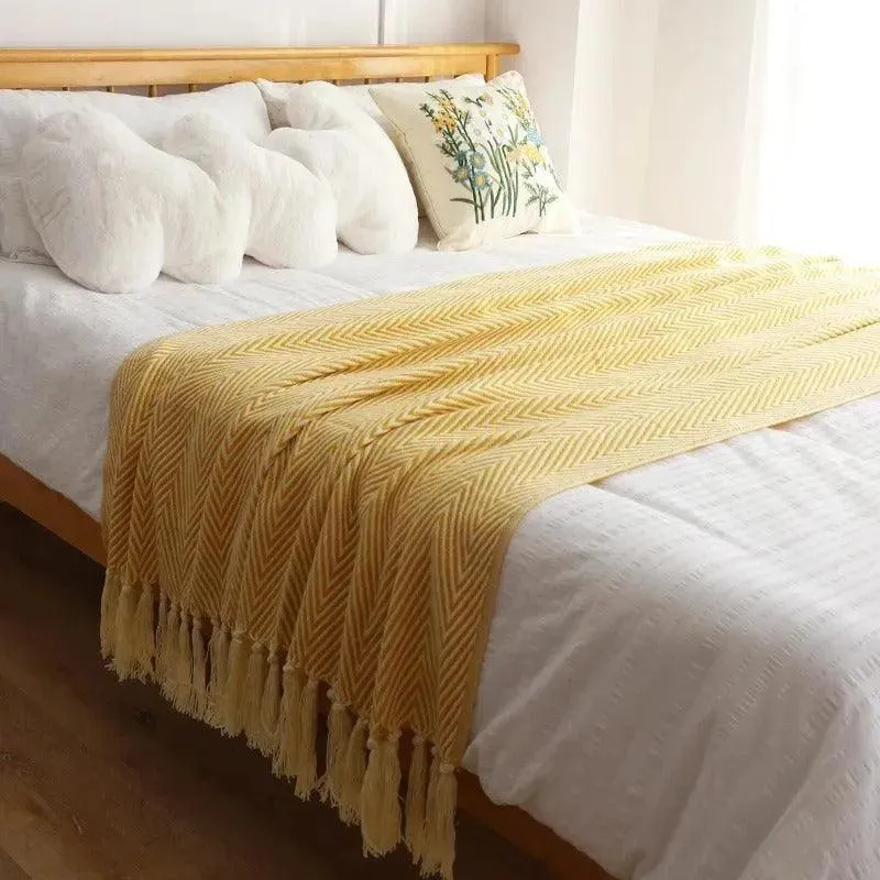 Modern Retro Geometric Knitted Blanket with Tassel | Nordic Style Plaid Bedspread