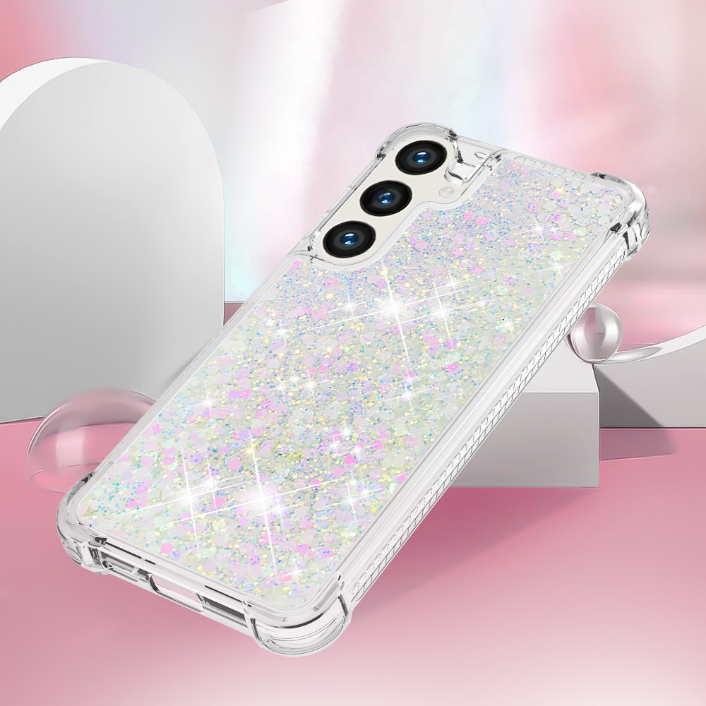Samsung Galaxy S24  Plus Hardcase Hülle mit Air Cushion Fallschutz Liquid Case Glitzer Herzen - Silber / Transparent