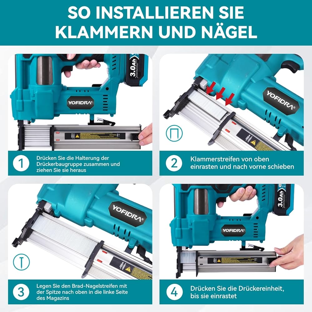 Yofidra Agrafeuse 2 en 1 sans fil - 20 V Agrafeuse Cloueuse électrique sans balais avec batteries 2x3.0Ah, réglage de la profondeur, lumière LED, avec 300 clous et 100 pinces, pour le travail du bois : Bricolage
