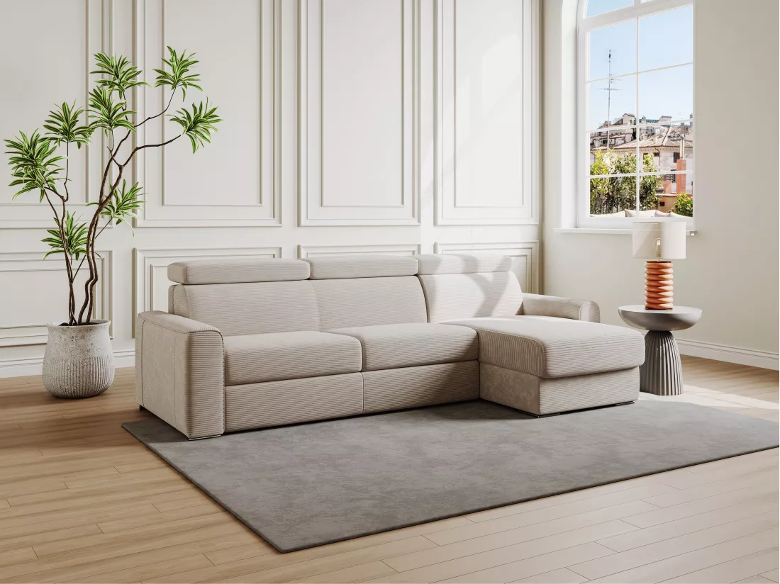 Canapé d'angle réversible convertible express en velours côtelé beige - Couchage 160 cm - Matelas 22 cm mémoire de forme - VIZIR