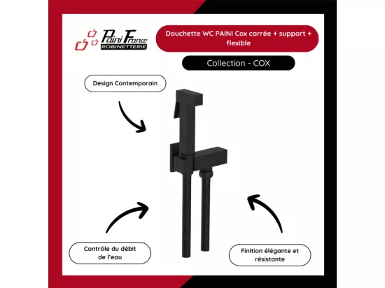 Douchette WC PAINI Cox carrée Noir Mat + support + flexible