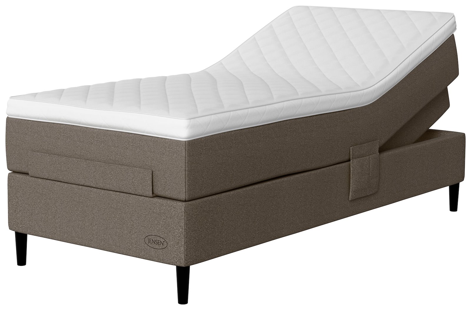 Opal Aqtive II regulerbar seng Tekstil 188 gråbrun, fast, Tempsmart overmadrass og Conic 14 cm sorte ben