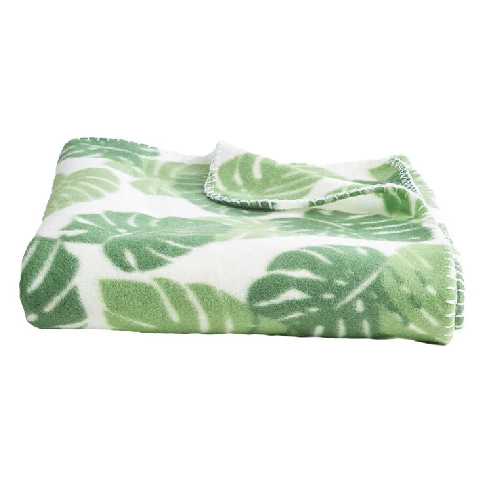 Plaid polaire à motif feuillage vert blanc