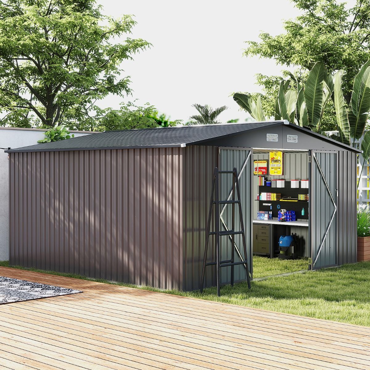 Abri de Stockage Extérieur Grand Hangar à Outils avec Design de Toit Incliné Portes Fermables avec Clés 4 Aérations 350x350x198cm Gris - Lidl-Manfred