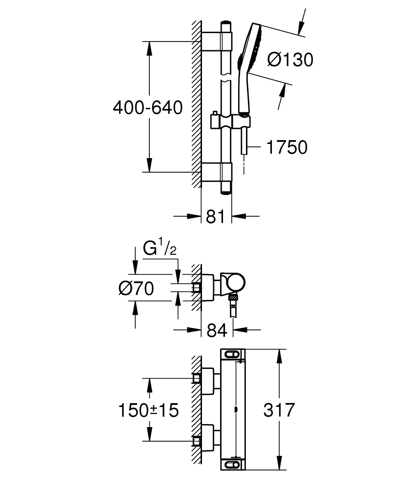 Grohe Grohtherm-2000 Perfect Shower Set m. douchekraan thermostatisch m. koppelingen HOH=15cm m. glijstang 60cm en Cosmopolitan handdouche chroom