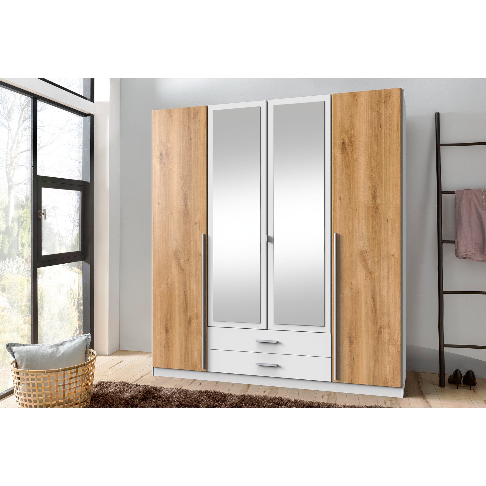 Drehtürenschrank Kuga, Dekor weiss/Plankeneiche, 179 x 197 x 58 cm, mit Spiegel