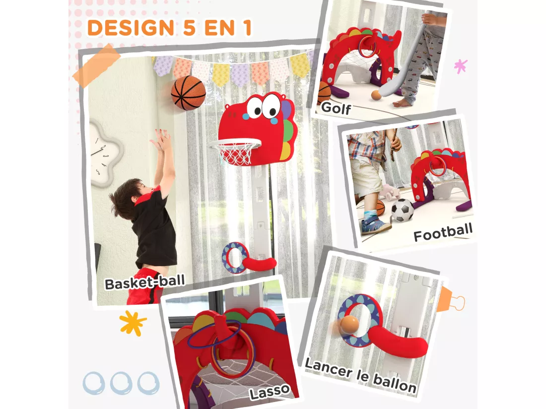 Panier de basket enfant multifonction design dino 3-6 ans - but, golf, 2 jeux de lancer - hauteur réglable - HDPE gris rouge