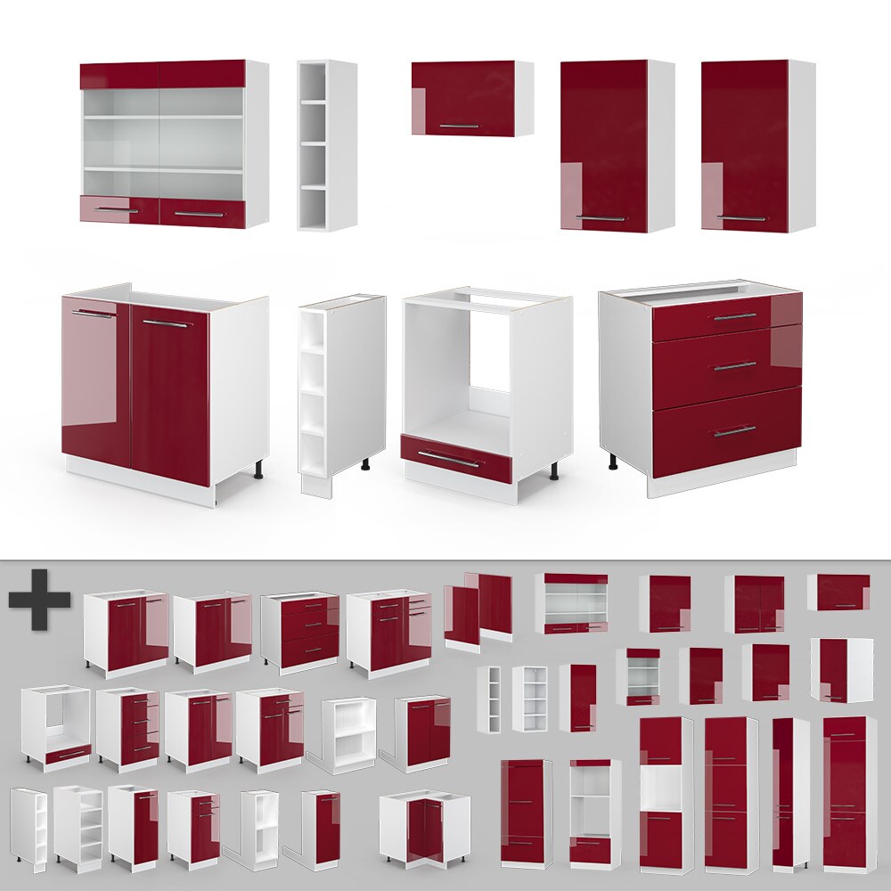 Vicco Küchenzeile Küchenblock Einbauküche Fame-Line Weiß Bordeaux Rot 235 cm modern Hochglanz Küchen Schränke Hängeglasschrank Hängeschrank Schubladenunterschrank Spülenunterschrank Herdumbauschrank